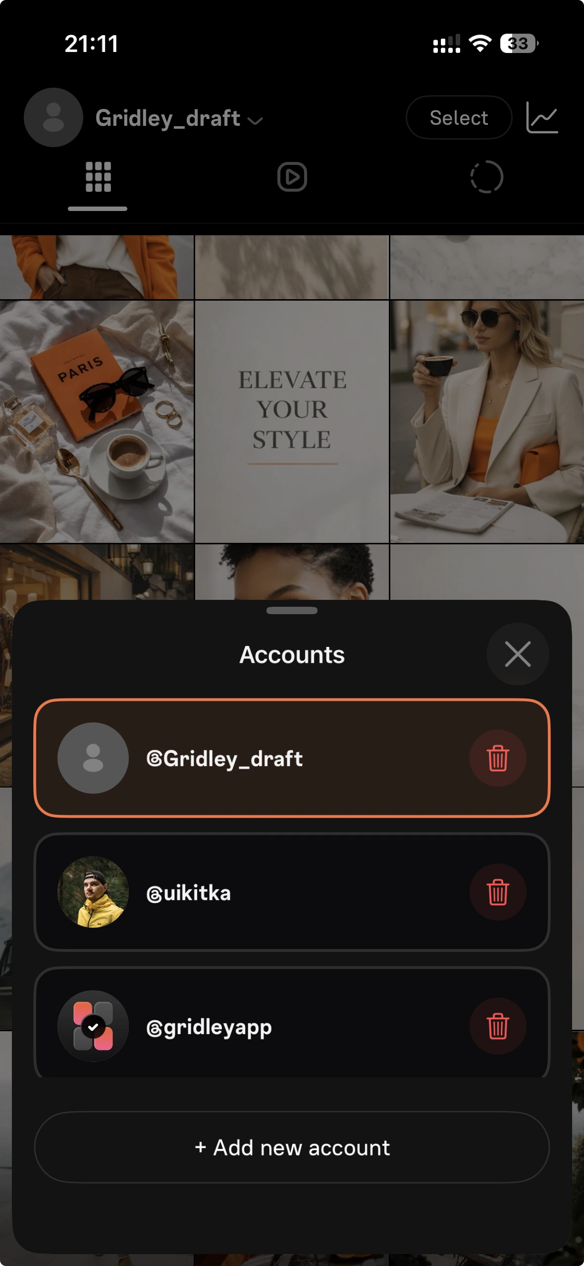 Gridley multi-profile Instagram account support